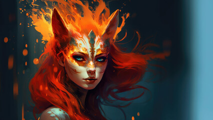 Fierce kasai kitsune female fox with fiery flame red hair and piercing gaze; immortal age old mythical spirit guardian fantasy art portrait - fictional character Generative AI
