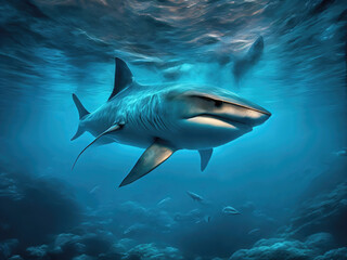 Fototapeta premium Beneath the Surface, Majestic Shark Swimming in Submerged Scenery. Generative AI