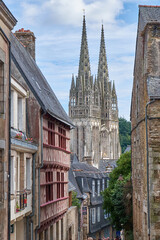 Street view of a gothic cathedral in Quimper, France