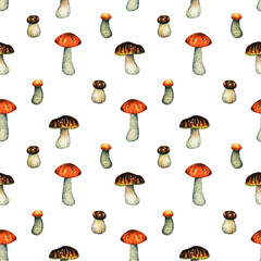 Seamless watercolour pattern with red edible mushrooms and porcini boletus big and small. Isolated hand drawn illustration on white background.