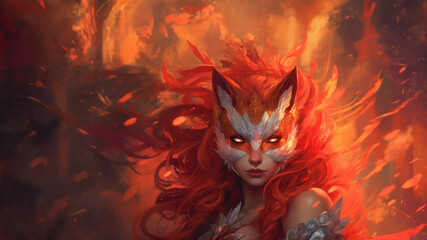 Fierce kasai kitsune female fox with fiery flame red hair and piercing gaze; immortal age old mythical spirit guardian fantasy art portrait - fictional character Generative AI
 - obrazy, fototapety, plakaty