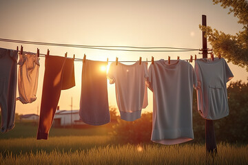 Clothes Dancing on a Clothesline, Embracing the Golden Hour's Warm Glow. created with Generative AI