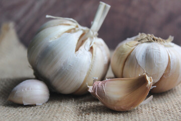 bunch of garlic on brown background