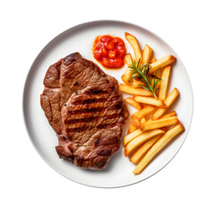 Grilled steak with fries and ketchup, high resolution without background, suitable for advertising banners, image generated by Ai