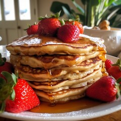 Golden Brown Fluffy Stack of Pancakes with a Side. Generative AI