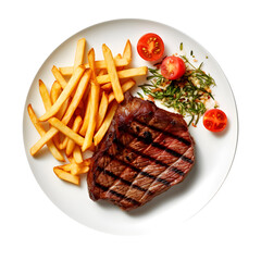Grilled steak with fries and vegetables, high resolution without background, suitable for advertising banners, image generated by Ai