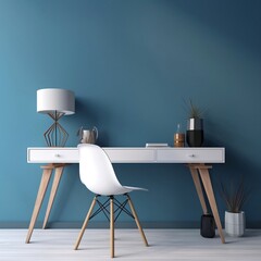 Home Office Desk with Blue Wall and White Table Mockup. Generative AI