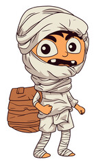 little boy in mummy halloween character with bag