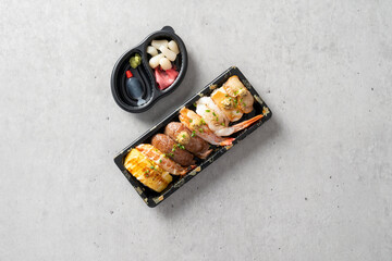 Salmon belly, sushi, tuna sashimi, tuna, shrimp, assorted, soy sauce shrimp, soy sauce, egg, tofu, tataki, wagyu, mayonnaise