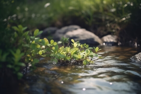 Beautiful spring detailed close up stream of fresh water with young green plants. Horizontal banner, springtime concept. Abstract outdoor wild nature background