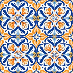 Blue and Orange Azulejo Tile Watercolor Clipart Images Generative AI 