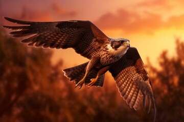 One Flying Falcon in the Nature Background in the Evening. Generative AI
