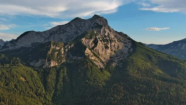 Aerial view of Maglic Mountain in National park Sutjeska. The highest mountain of Bosnia and Herzegovina, beautiful landscape at sunset, 4k