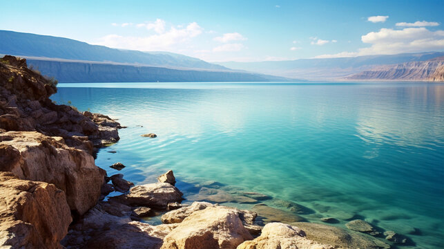 Mountain and dead sea with blue sky landscape view. Wide angle photography. Generative Ai.