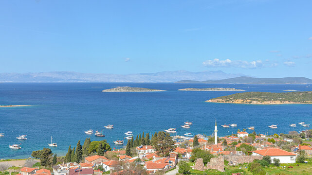 scenic view of Ildir bay from Erythrai antique ruins (Izmir province, Turkey)
