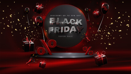 Black friday background with blank podium and realistics gift box element and balloons on red circle frame with bokeh and gold ribbons. Vector illustration.