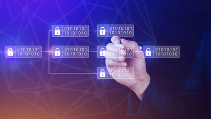 Businessman using a touching on virtual screen to Blockchain technology concept with chain of...