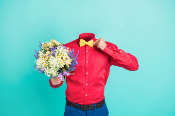 Collage portrait of headless elegant guy arm hold fresh wild flowers bouquet fix adjust bowtie isolated on teal background - obrazy, fototapety, plakaty