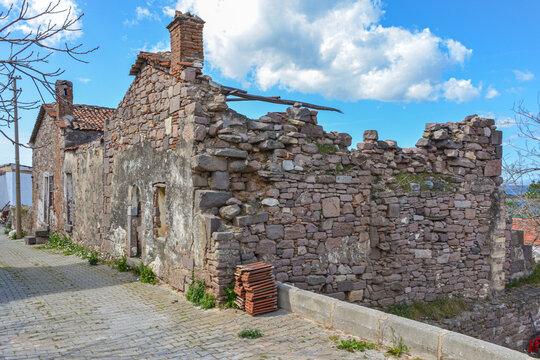 old stone house ruins in Ildir village (Cesme, Izmir province, Turkiye)