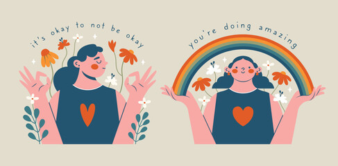 Mental health support concept. Set of cute clip arts with women, okay gesture, rainbow, text, flowers, plants. Modern pesons, who holding rainbow and show okay gest. Psychological health support.