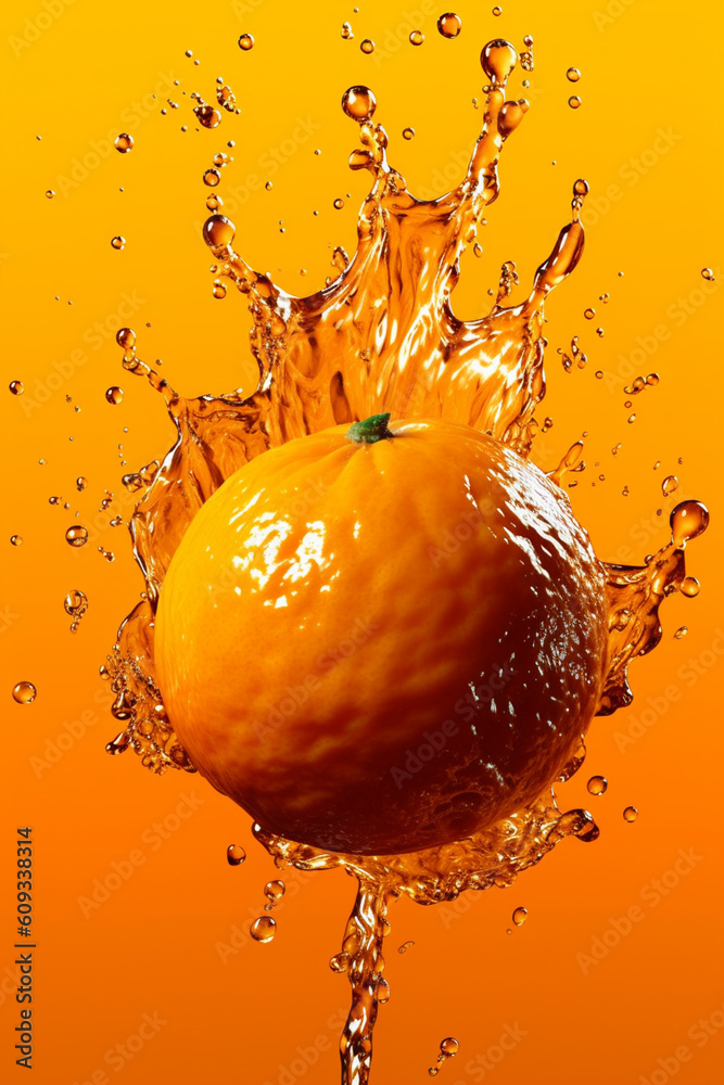 Poster an vibrant image of a orange splashed in bright paint, symbolizing freshness and health. generative 