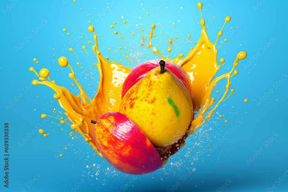 Poster An abstract surreal photograph of a Mango splashed in bright paint, symbolizing freshness and health.  Generative AI technology.