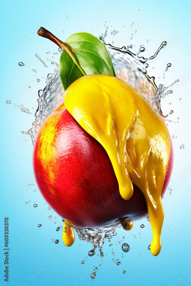 Poster An vibrant image of a Mango splashed in bright paint, symbolizing freshness and health.  Generative AI technology.