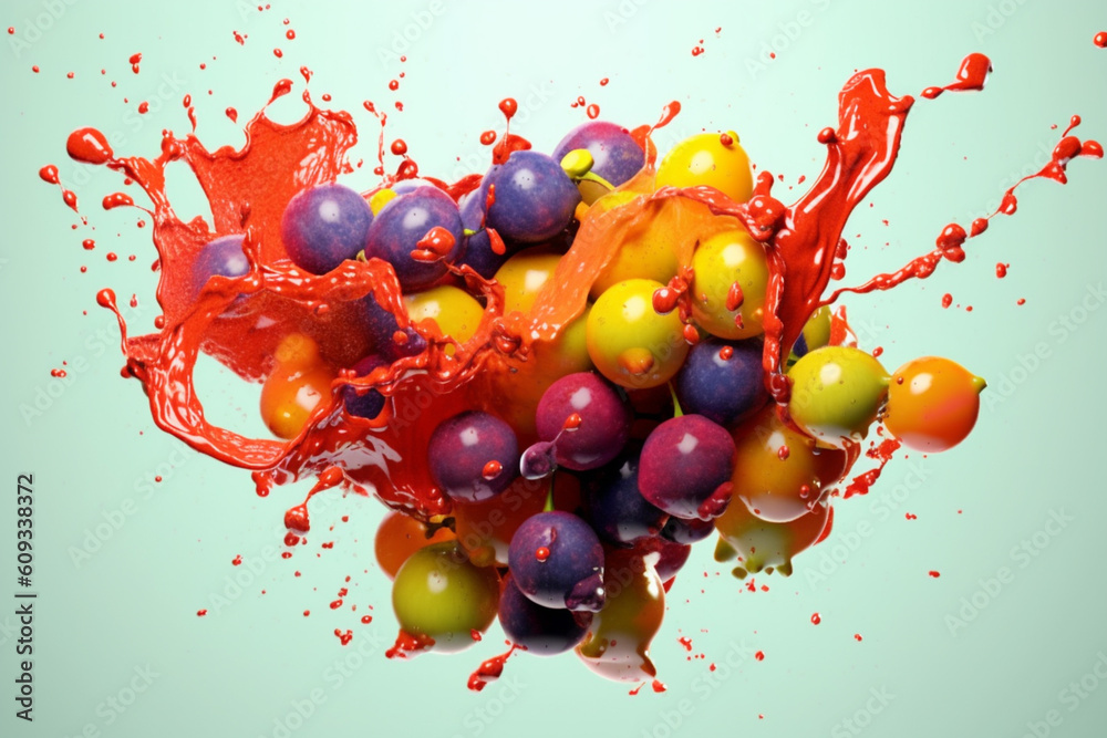 Poster An abstract surreal photograph of a Grapes splashed in bright paint, symbolizing freshness and health. Generative AI technology.