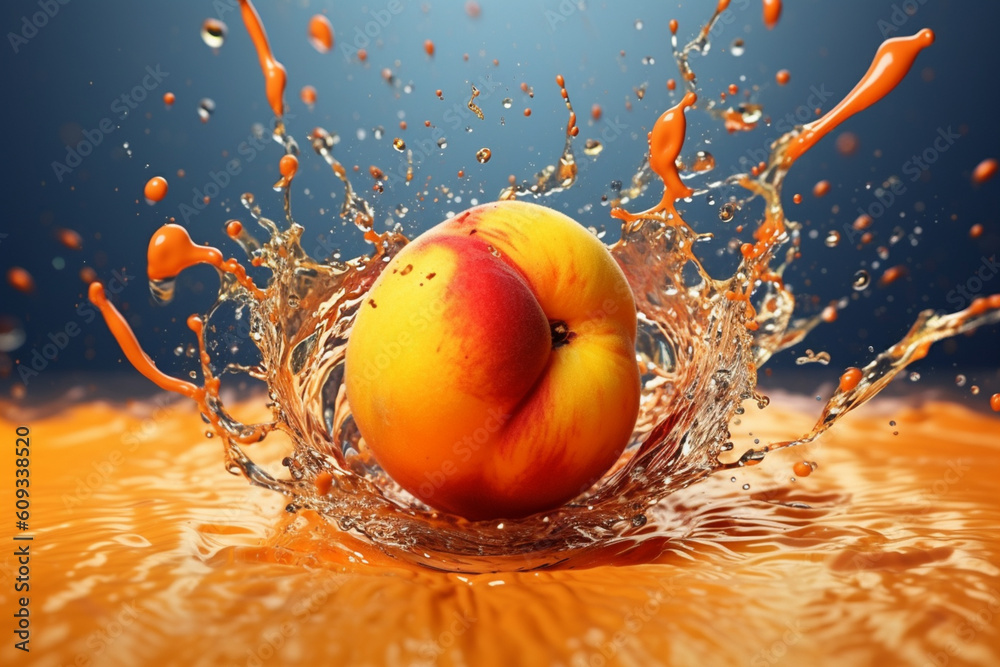 Poster An abstract surreal photograph of a Apricot splashed in bright paint, symbolizing freshness and health.  Generative AI technology.
