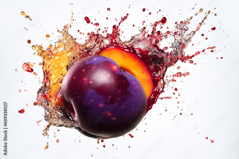 Leinwandbilder an abstract surreal photograph of a plum splashed in bright paint, symbolizing freshness and health.