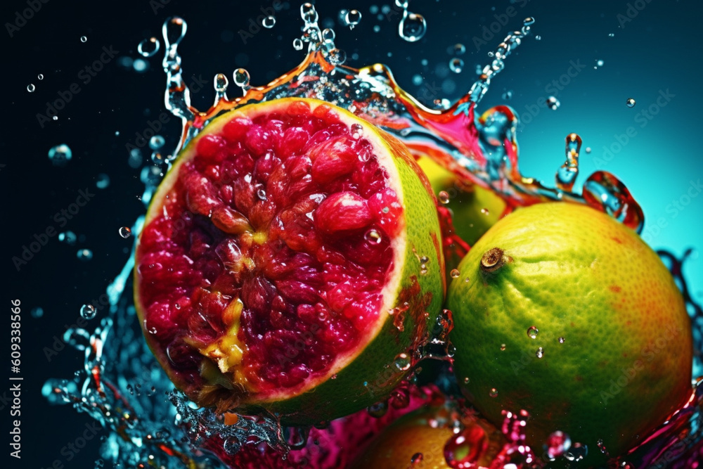 Poster An abstract surreal photograph of a Guava splashed in bright paint, symbolizing freshness and health. Generative AI technology.
