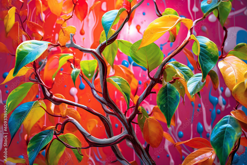 Poster an abstract surreal photograph of a ayahuasca vine (banisteriopsis caapi) splashed in bright paint, 