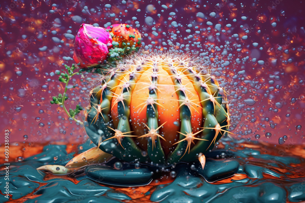 Aufkleber an abstract surreal photograph of a peyote cactus (lophophora williamsii) splashed in bright paint, 