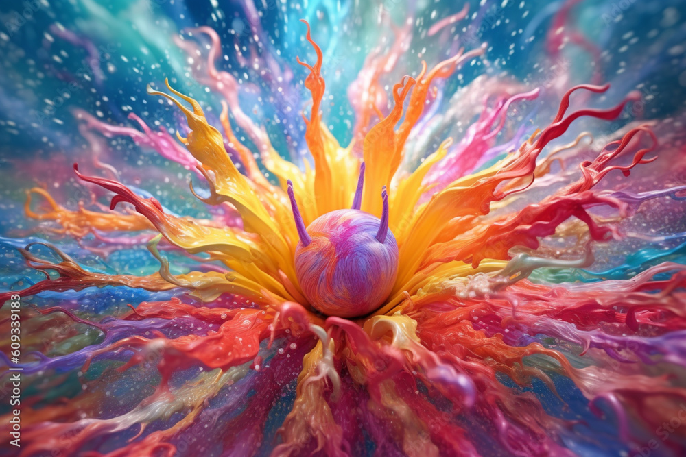 Poster an abstract surreal photograph of a kanna (sceletium tortuosum) splashed in bright paint, generative