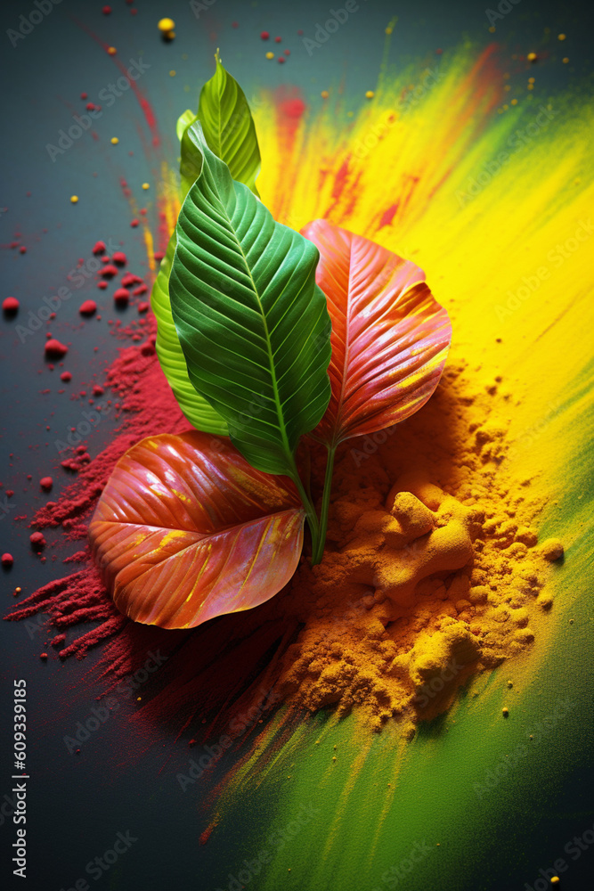 Poster an vibrant image of a kratom (mitragyna speciosa) splashed in bright paint, generative ai technology