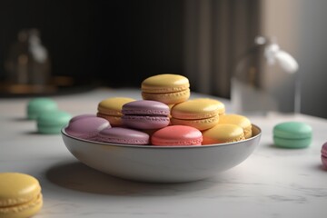 Obraz na płótnie Canvas Set of colourful macaroons on a wooden table, on dark background, 3d minimalistic. AI generated