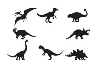Dinosaur and Jurassic dino monster icons. Vector silhouettes of triceratops or T-rex, brontosaurus or pterodactyl and stegosaurus, pteranodon or ceratosaurus and reptile parasaurolophus