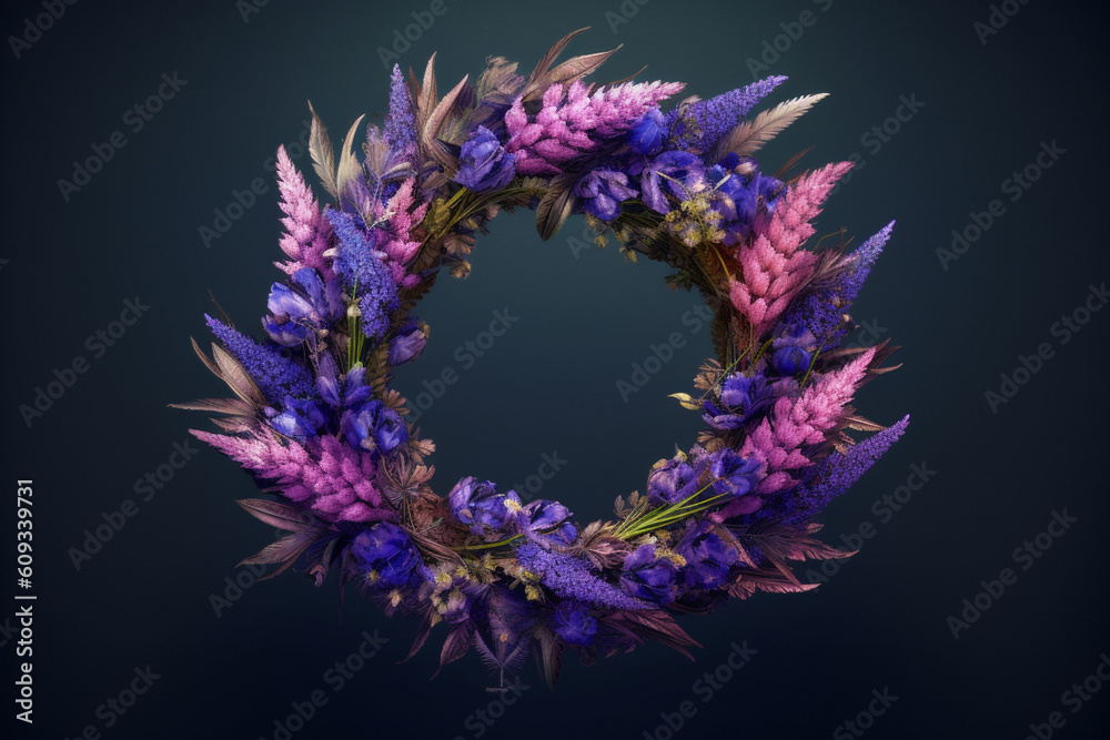 Poster an image of a flower crown crafted with vibrant purple lavender, exuding a calming and fragrant aura