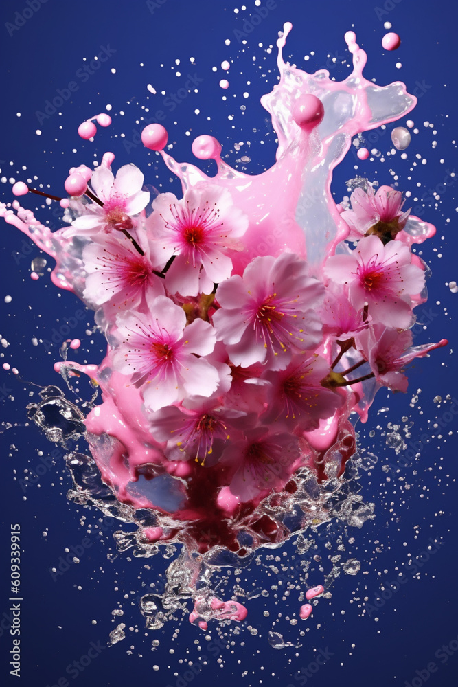 Aufkleber an abstract surreal photograph of a cherry blossom splashed in bright paint. generative ai technolog