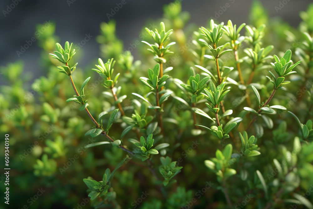 Poster a close-up photo of thyme sprigs, featuring their tiny leaves and woody stems. generative ai technol