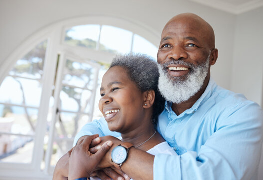 Senior black couple, hug and together in a home with love, care and commitment. Face of african woman and man thinking about happy marriage, retirement lifestyle and happiness or life insurance