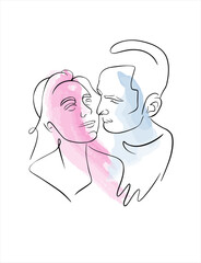 A man and a woman in love. Abstract drawing with one continuous line. Abstract outline of a couple in love on a pastel background.