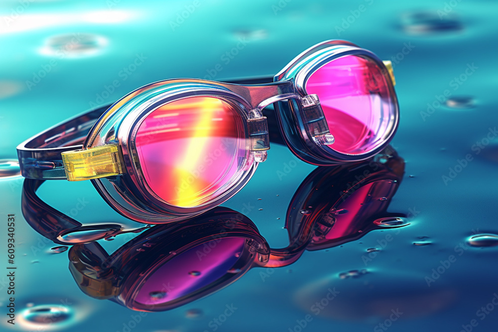 Poster an image featuring a pair of swimming goggles, emphasizing their sleek design, adjustable straps, an