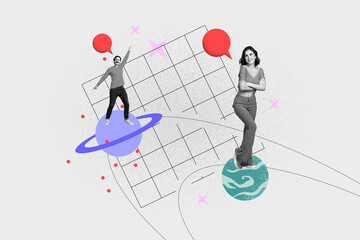 Poster banner collage of couple guy on different planet calling girlfriend want communicate