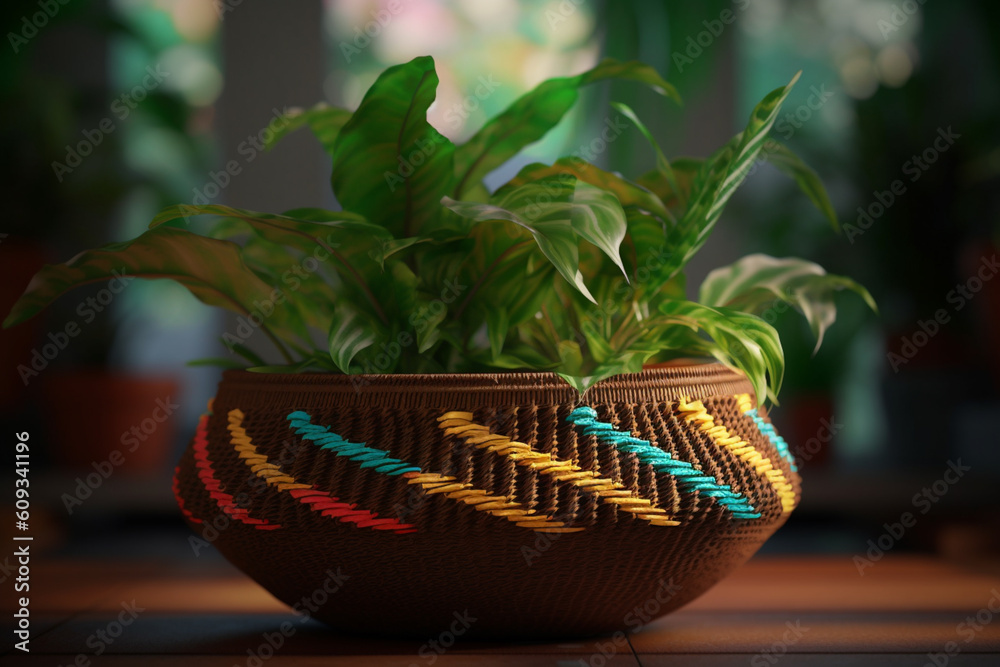 Aufkleber a photo showcasing a woven plant basket, designed to hold potted plants, featuring a natural finish 