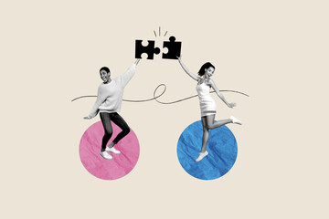 Composite collage image of two positive black white colors people hold connect puzzle pieces isolated on drawing background - obrazy, fototapety, plakaty