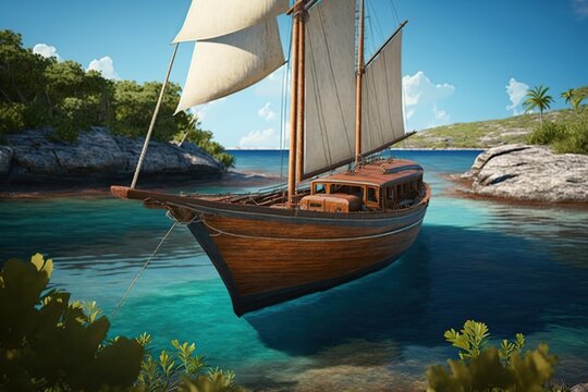 A beautiful wooden Hinkley Sloop Sailboat gliding through the ocean of a beautiful Caribbean coastline