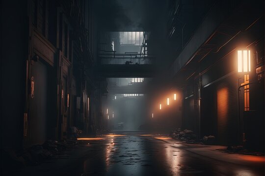 A dark empty asphalt street, dark background, an empty scene, neon lighting, spotlights