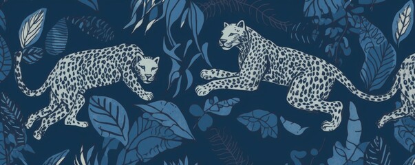 Hand drawn artistic dark blue tones pattern with leopards. Abstract collage contemporary seamless pattern. Fashionable template for design, Generative AI