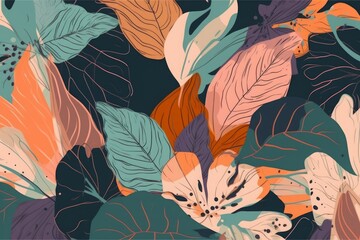Trendy exotic jungle plants illustration pattern. Creative collage contemporary floral seamless pattern. Fashionable template for design, Generative AI